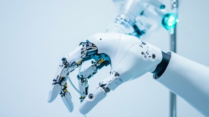 A robotic hand interacting with medical equipment against a sterile, white background, Minimalist style