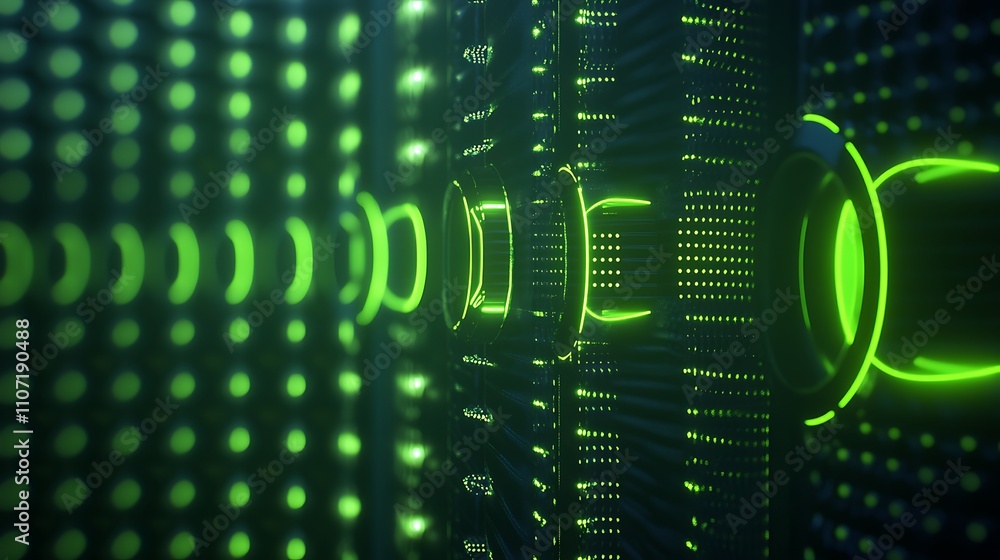 Poster abstract futuristic background with circular shapes and green light patterns in a high-tech environm
