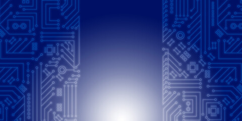 Ai technology concept. Circuit lines overlapping on dark blue background and glowing