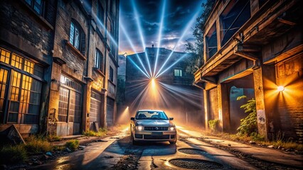 Fototapeta premium Urban Exploration: Car Headlights Piercing the Darkness in a Mysterious Urban Landscape at Night