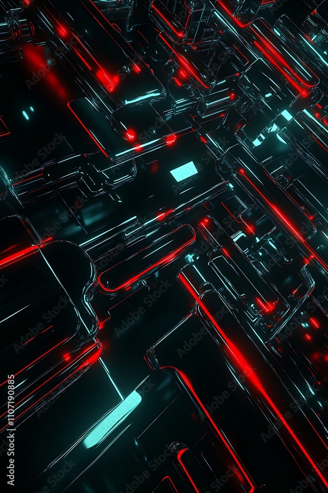 Poster abstract futuristic background with neon lines and glowing technology elements in dark environment