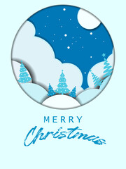 Merry Christmas with moon and stars on blue background paper cut style