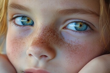 Fototapeta premium This close-up portrait captures a child with striking blue eyes and charming freckles, evoking innocence and wonder against a soft background.