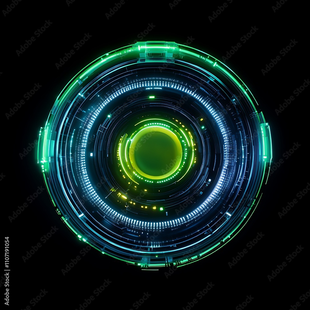 Poster abstract futuristic circular design with glowing lights and intricate digital patterns on a black ba