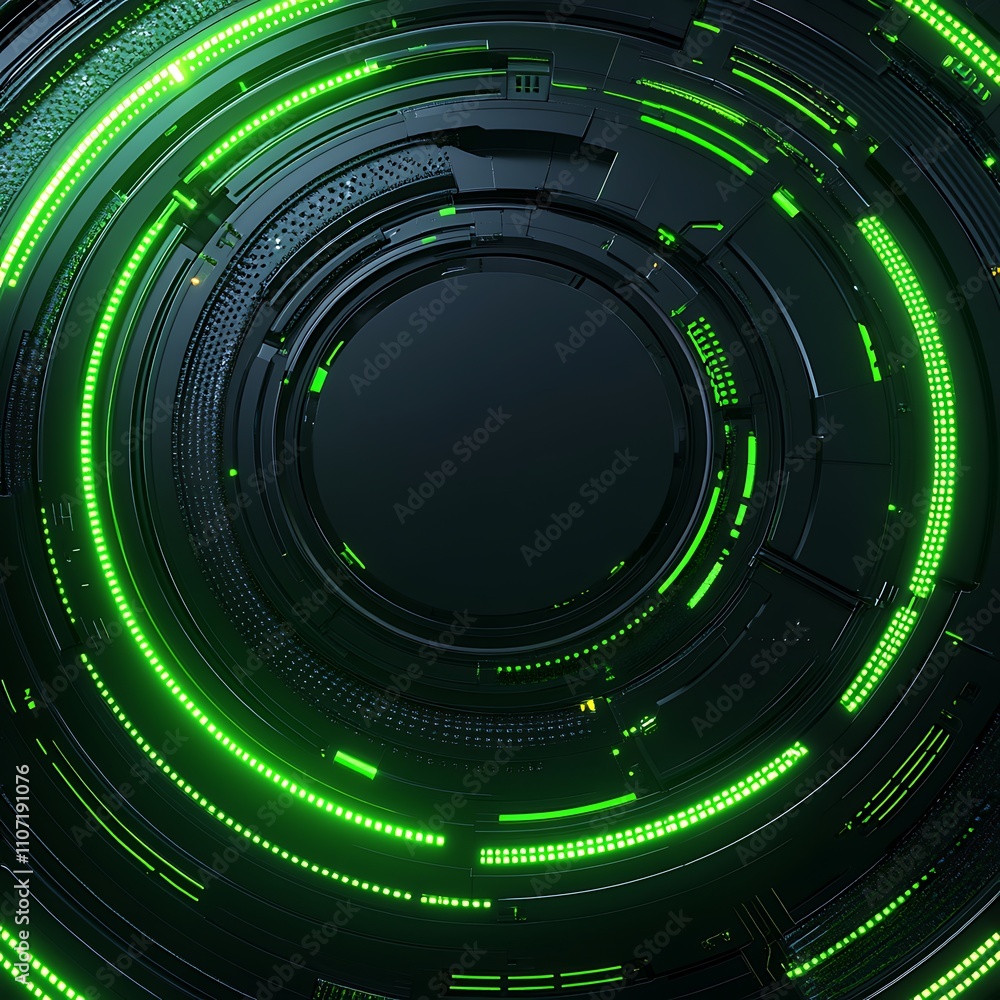 Aufkleber abstract futuristic circular design with glowing green lights and dark background representing techn