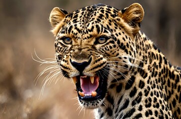Fototapeta premium Close-up portrait of a leopard, its face contorted in rage, reveals the power of the wild.