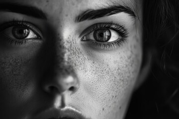 Fototapeta premium A captivating close-up of a freckled woman showcasing her expressive eyes and natural beauty, representing individuality and the nuanced complexities of human emotion and identity.