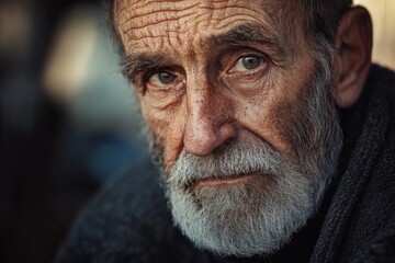 An elderly man with a weathered face and wise expression conveys a sense of life experience and depth, inviting viewers to reflect on the passage of time and human resilience.