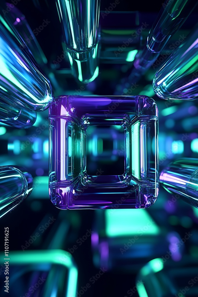 Poster abstract futuristic design with glowing glass shapes in vibrant colors and dynamic depth perspective