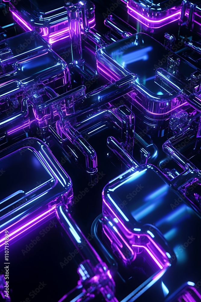 Poster abstract futuristic design with glowing neon lights and intricate transparent structures on dark bac