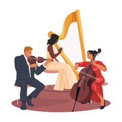 Classical musicians or orchestra music band. Vector harpist and violinist, double or upright bass player. Acoustic show or symphony event, ensemble performance. Violin, harp, cello or contrabass sound © Elegant Solution