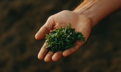 Hand Holding Fresh Green Leaves, Emphasizing Organic Growth and Natural Vegetation in an Earthy Environment, Perfect for Gardening and Culinary Inspirations
