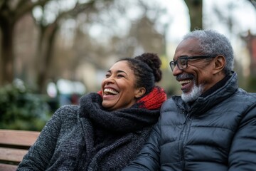 Fototapeta premium A joyful image of a couple laughing together in a park, portraying a moment of connection and happiness, surrounded by nature and each other's warmth.
