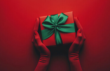 Gift wrapped in vibrant red with green ribbon held by hands against a dramatic background