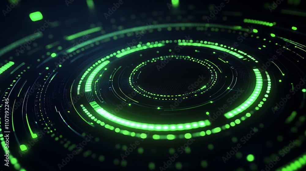 Poster abstract futuristic digital circular patterns in a glowing green color scheme with illuminated dots 