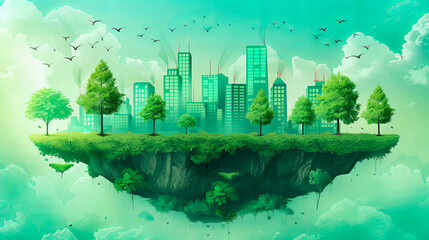 Illustration of a futuristic 3D green city with tall eco-friendly buildings and lush greenery, symbolizing sustainability and urban ecology.