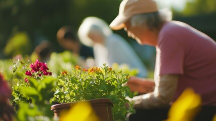 A serene healthcare scene with a group of elderly people participating in therapeutic gardening activities at a nursing home, wide shot, Therapeutic style