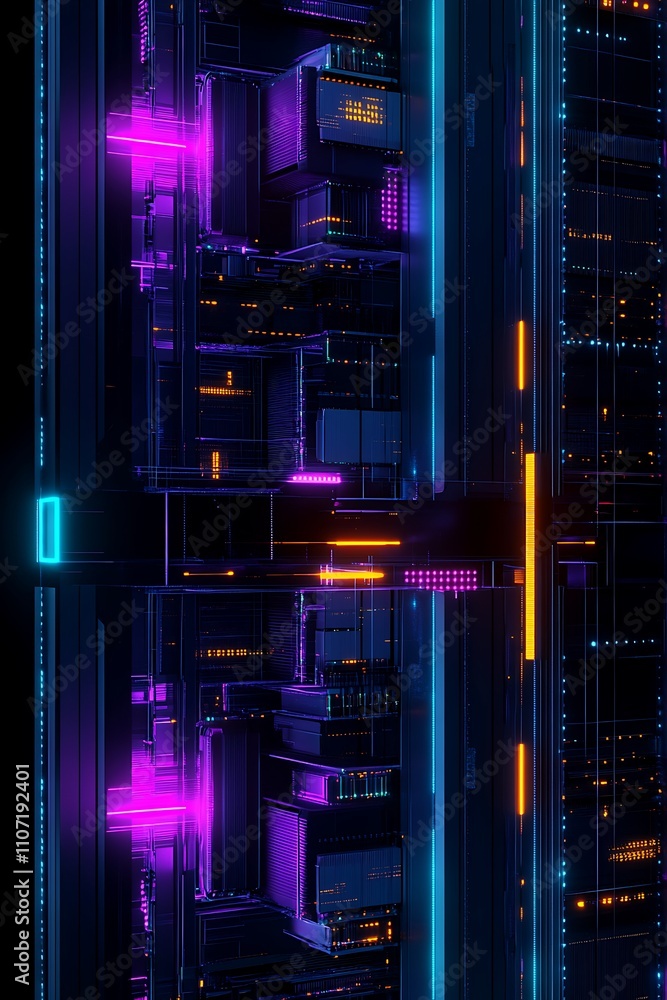 Poster abstract futuristic digital pattern with neon lights and technology-inspired design elements in deep