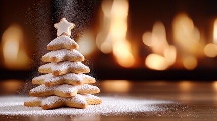 Star-shaped gingerbread cookies arranged in tree formation, powdered sugar dusting, whimsical holiday dessert concept for children, wooden table backdrop