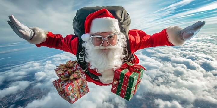 Santa Claus as a skydiver jumps to earth with a parachute and many gifts on his back