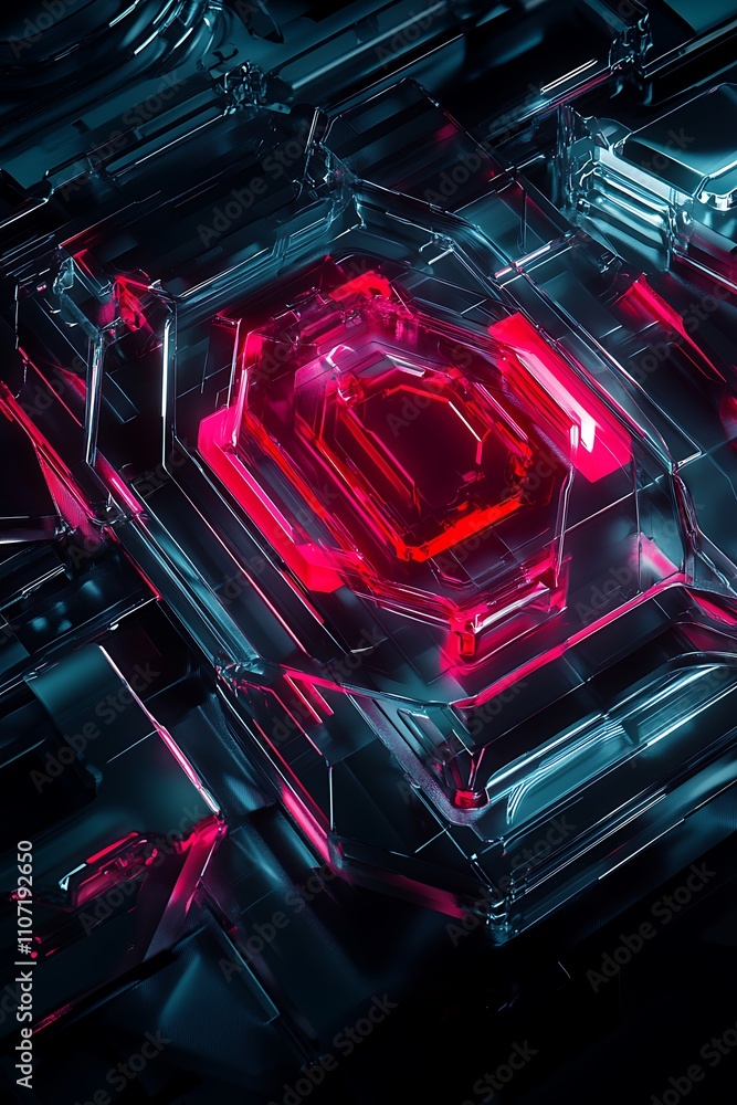 Poster abstract futuristic glass with glowing red and blue shapes forming intricate patterns and reflection