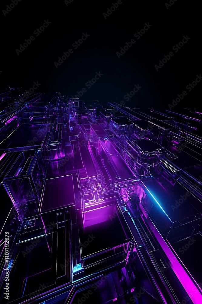 Poster abstract futuristic glow with neon lines and cubes in a dark space for tech and digital art concepts