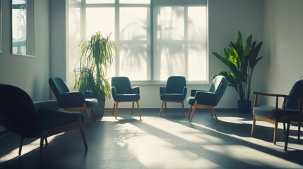 A serene healthcare scene with a group therapy session for mental health patients in a tranquil therapy room, wide shot, Calming style