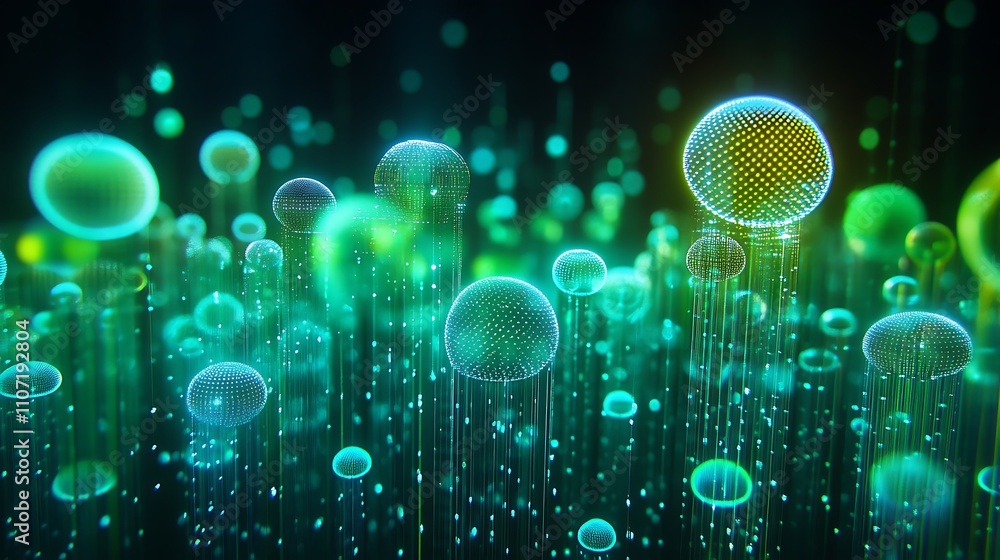 Poster abstract futuristic glowing bubbles with vibrant colors and sparkling particles in a dark background