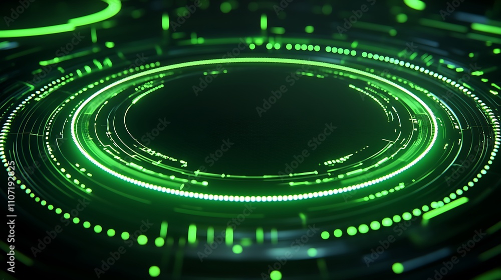 Poster abstract futuristic glowing green circular design with intricate lines and patterns on a dark backgr