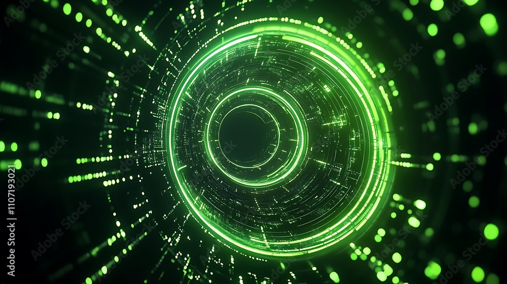 Poster Abstract futuristic green digital tunnel with glowing circular patterns and flowing data particles in dark space