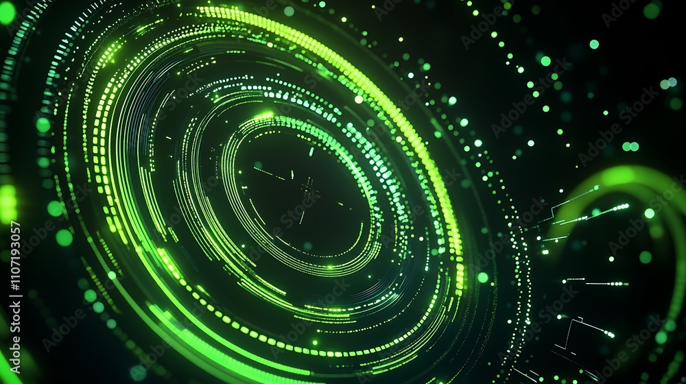 Poster abstract futuristic green technology background with circular glow and digital particles in motion