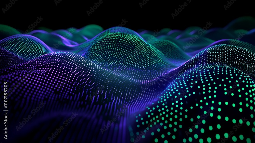 Poster abstract futuristic landscape with colorful waves of light and dots on a dark background for digital