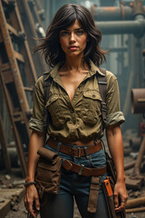 Young woman, possibly a mechanic or engineer given her attire and surroundings, stands confidently amidst industrial machinery, wearing a brown shirt with rolled-up sleeves and blue jeans.