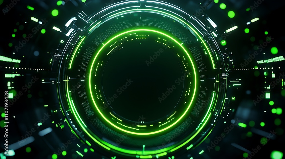 Poster abstract futuristic technology background with glowing green circular patterns and digital elements