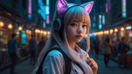 Cyberpunk Anime Girl with Glowing Neon Cat Ear Headphones in a Tokyo Street at Night