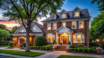 Fototapeta premium Classic Red-Brick Townhouse on a Tree-Lined Street in a Suburban Estate with an Inviting White Front Door Perfect for Families Seeking Cozy Homes and Ideal Neighborhoods