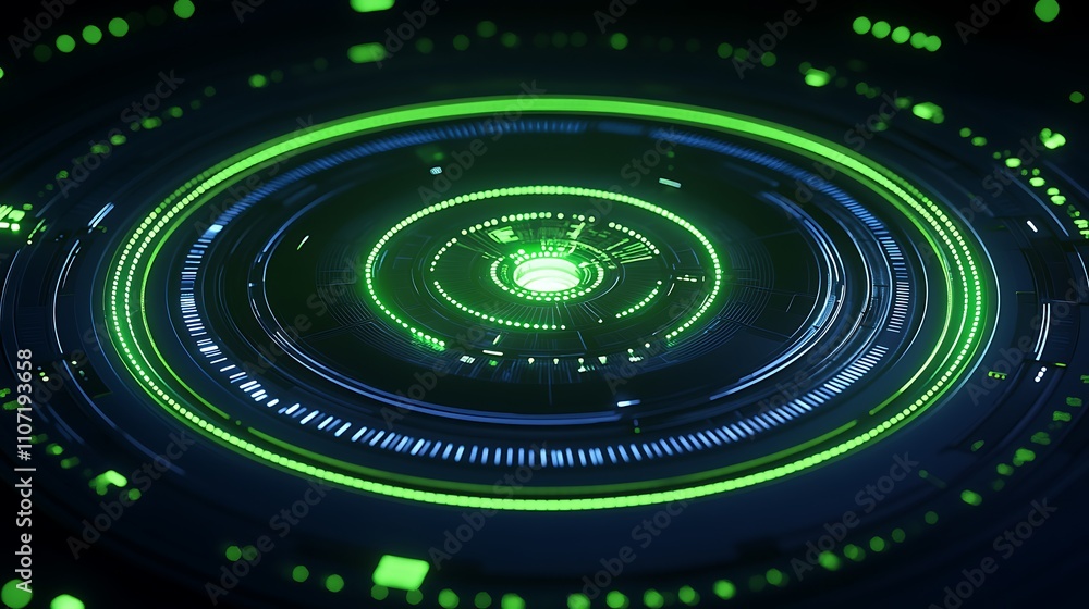 Poster abstract futuristic technology background with glowing green digital pattern and circular shapes in 
