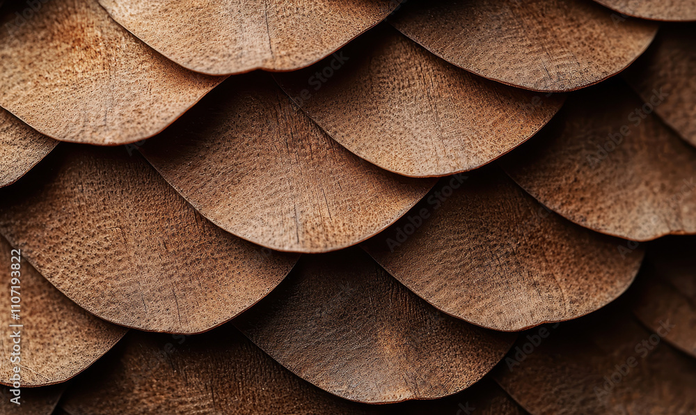 Poster close-up view of detailed overlapping natural brown scales with intricate texture and pattern