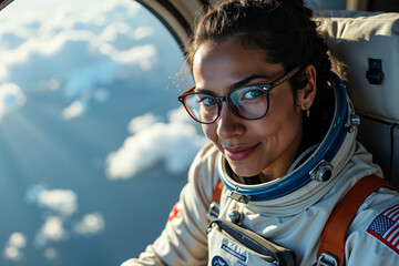 Female astronaut is seen smiling at the camera, wearing her flight suit with a helmet and glasses, against the backdrop of the earth's atmosphere visible through the spacecraft window.