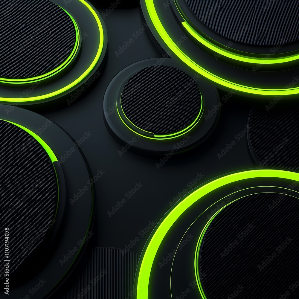 Aufkleber abstract geometric pattern with circular forms and neon green accents on dark background