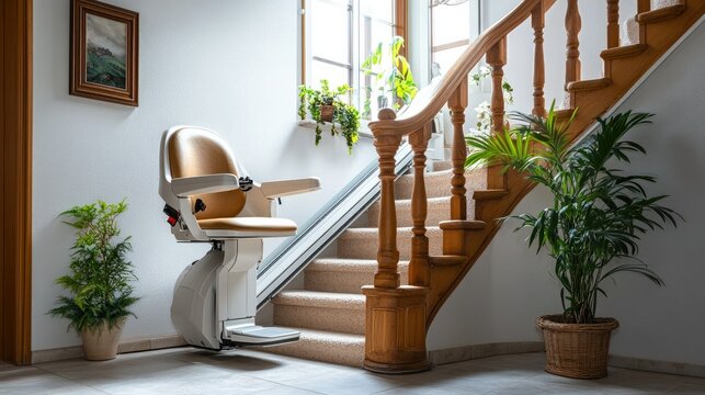A residential stair lift in motion, showcasing innovative design for improved elderly accessibility