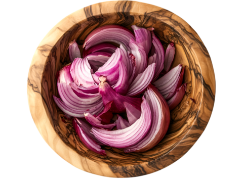 ret cut onion in wooden bowl isolated