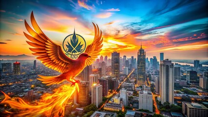 Urban Exploration Photography Featuring a Creative Bird Logo with Fiery Elements, Showcasing a Unique Blend of Nature and Urban Design in a Dynamic Cityscape Setting