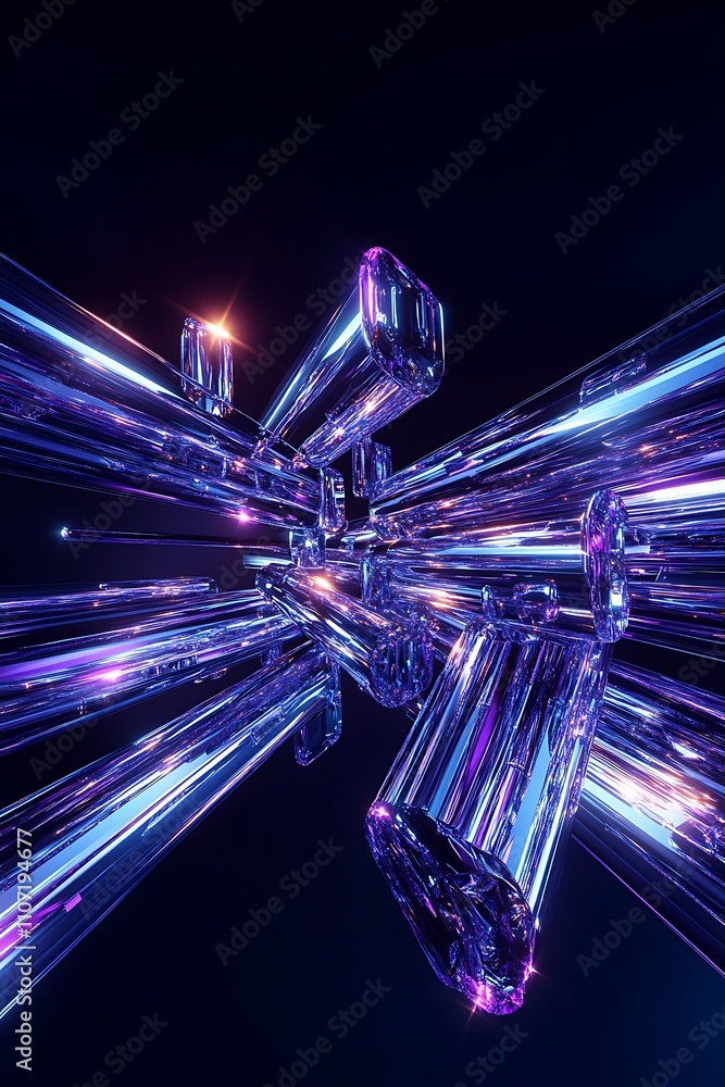 Poster abstract glowing crystal structures radiating light in a dark background for modern art concepts