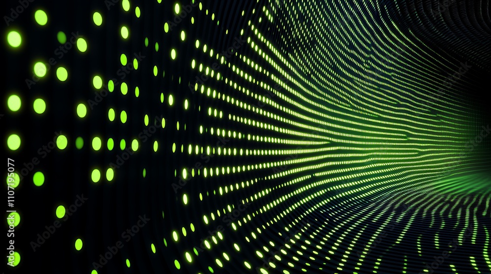 Poster abstract glowing green tunnel with dots and lines, digital art representation of depth and movement 