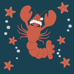 Cute hand drawn cartoon character lobster with santa claus hat funny christmas holiday vector illustration with bubble and red starfish
