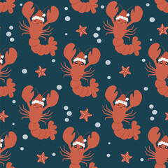 cute hand drawn cartoon character lobster with santa claus hat funny christmas holiday seamless vector pattern illustration with bubble and red starfish on blue background