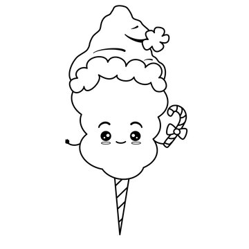 recommend clip art: cute hand drawn black and white cartoon character cotton candy with santa claus hat and candy cane funny christmas holiday vector illustration for coloring art	
