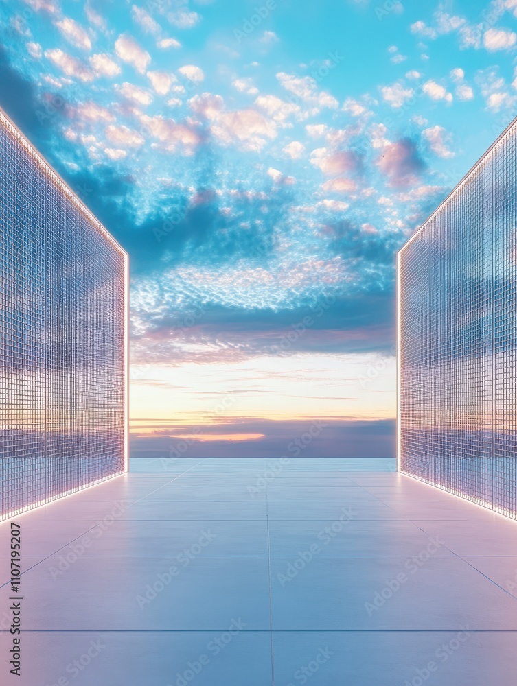 Poster blank open air presentation stage with glowing light between fence and floor and blue sky on backgro
