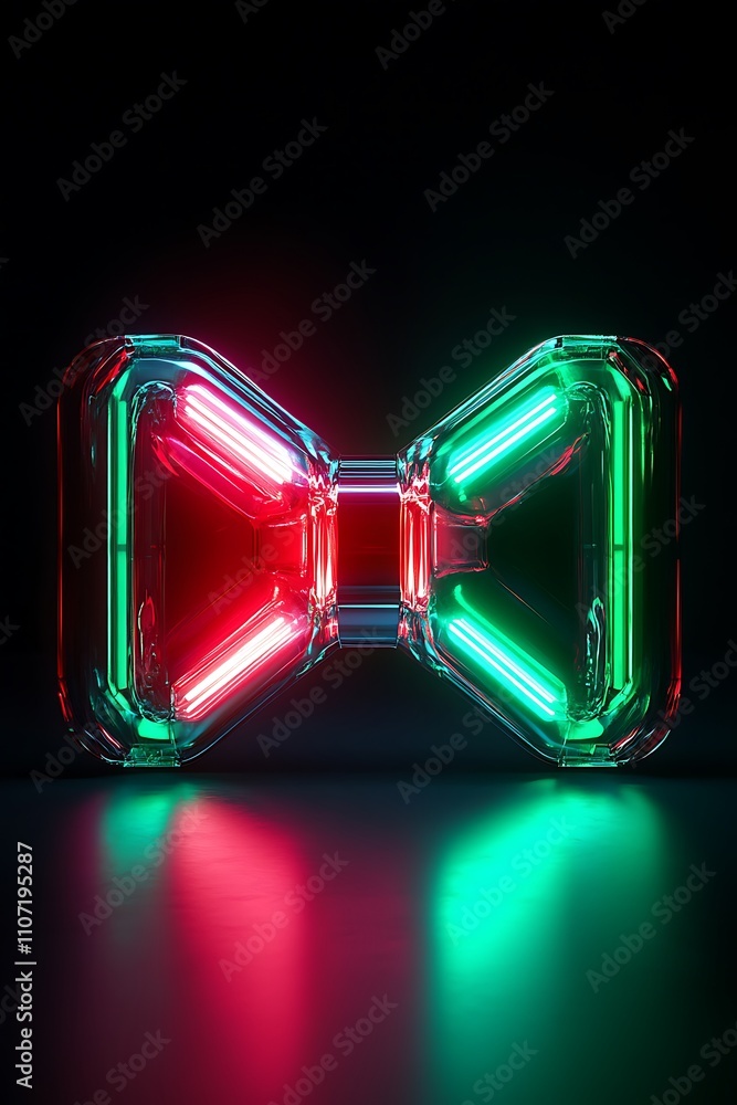 Poster abstract glowing neon lights in a unique bow shape on a dark background for modern design concepts